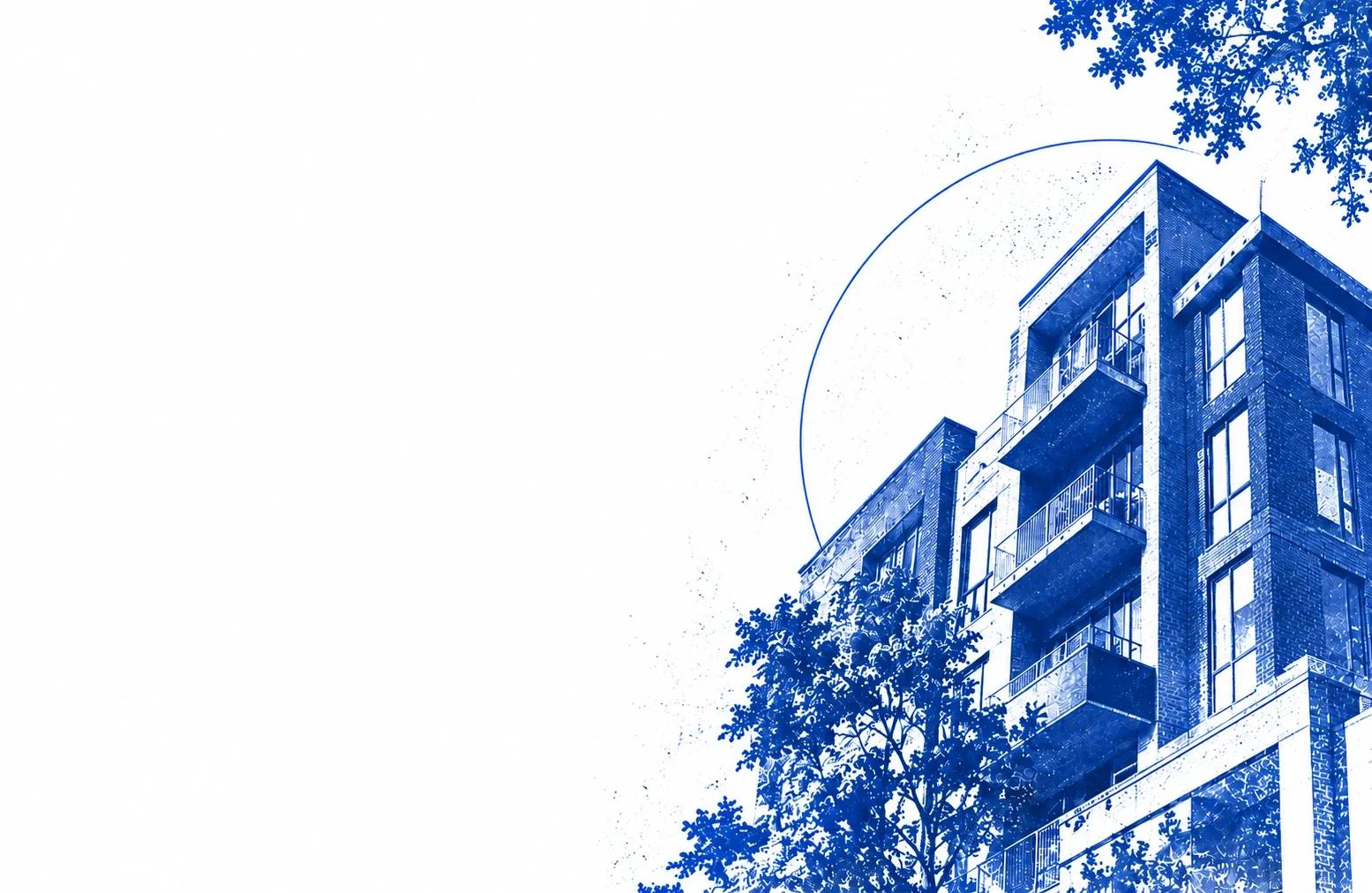Blue print of an apartment building framed by trees
