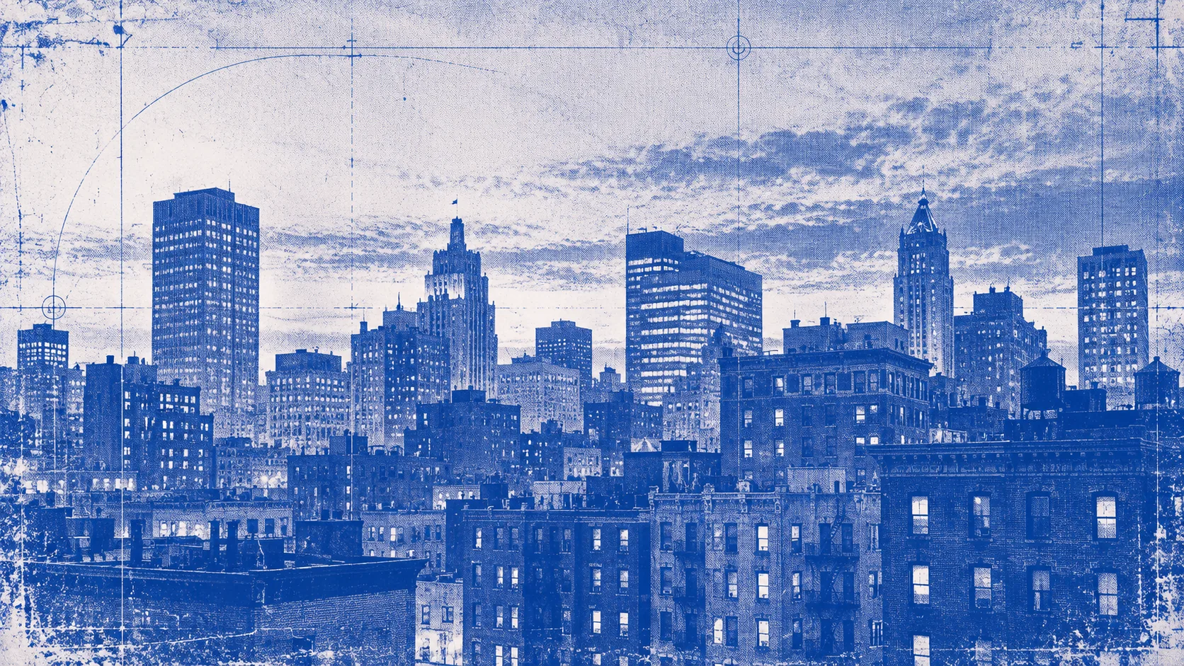 Blue print of a city skyline at dusk
