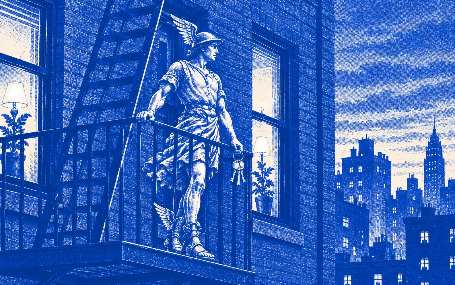 Hermes on a fire escape at dusk, holding apartment keys, looking over the city