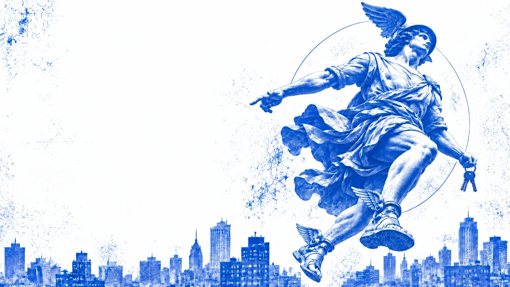Blue print of Hermes, the messenger, carrying a set of keys over a city skyline