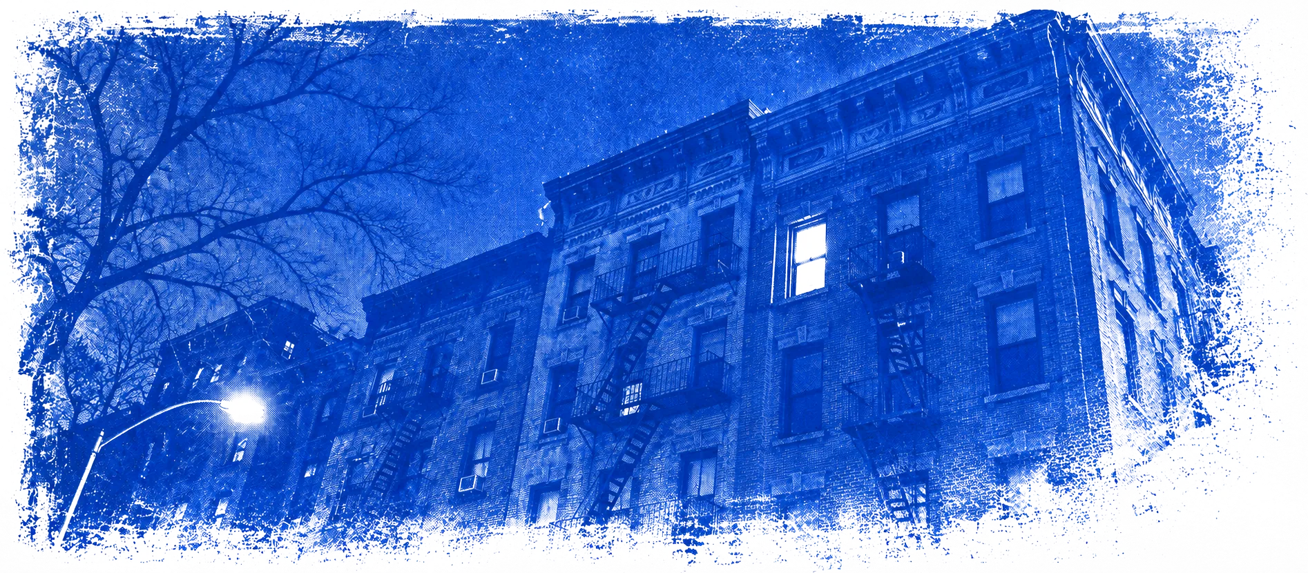 Blue print of an apartment block at night, one window lit