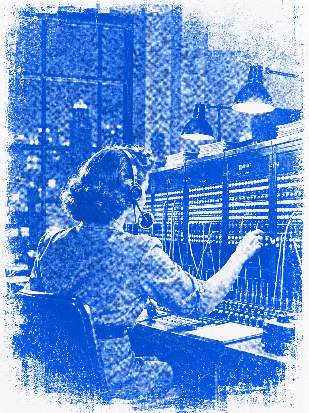 Print of a switchboard operator working at night